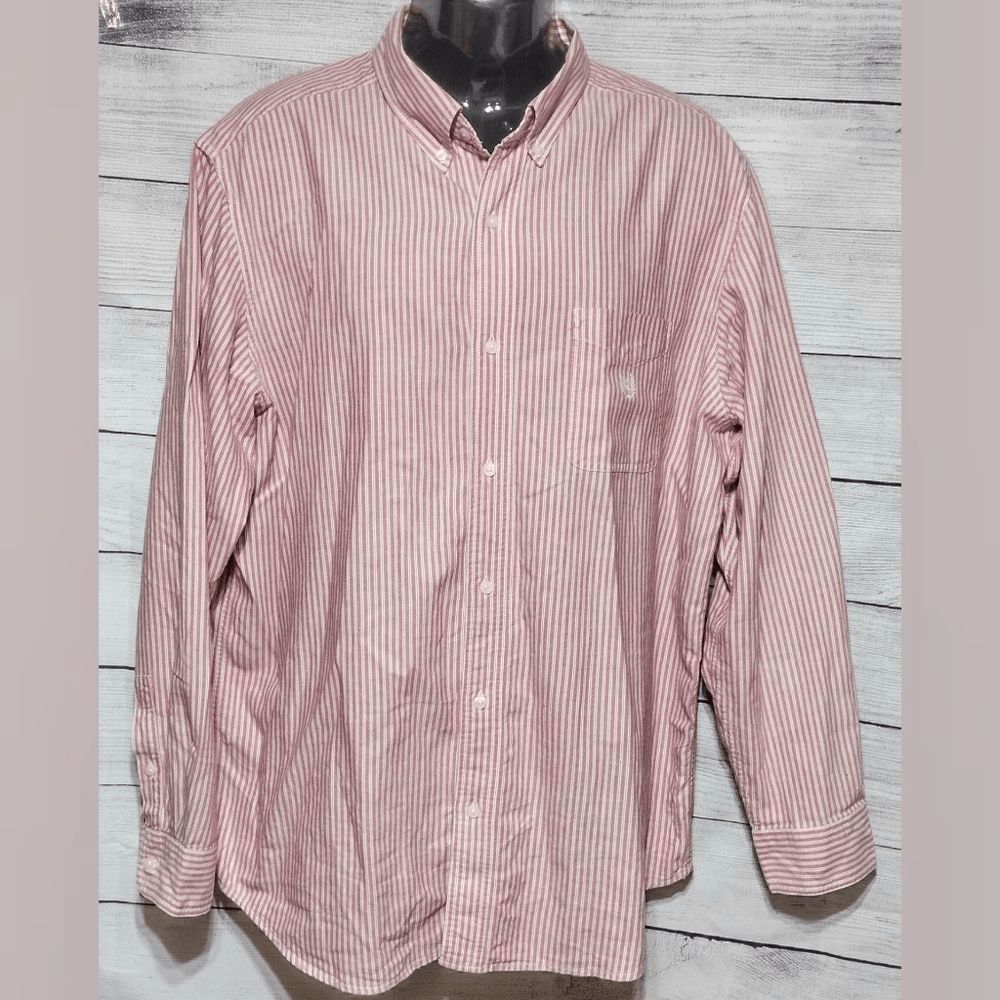Chaps Red & White Pin Striped Button Up Dress Shirt Mens Sz XL